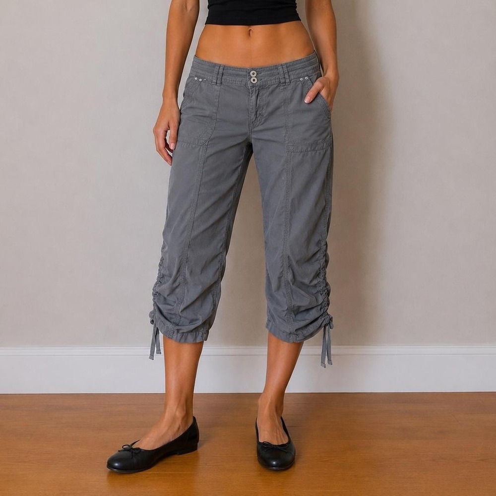 Grey Low Rise Ruched Capri Pants Women 8 Indie Y2K Gorpcore Utility Minimalist